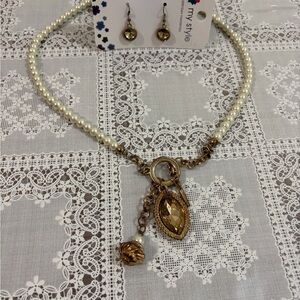 Elegant Pearl and Gold Leaf Charm necklace/earrings set